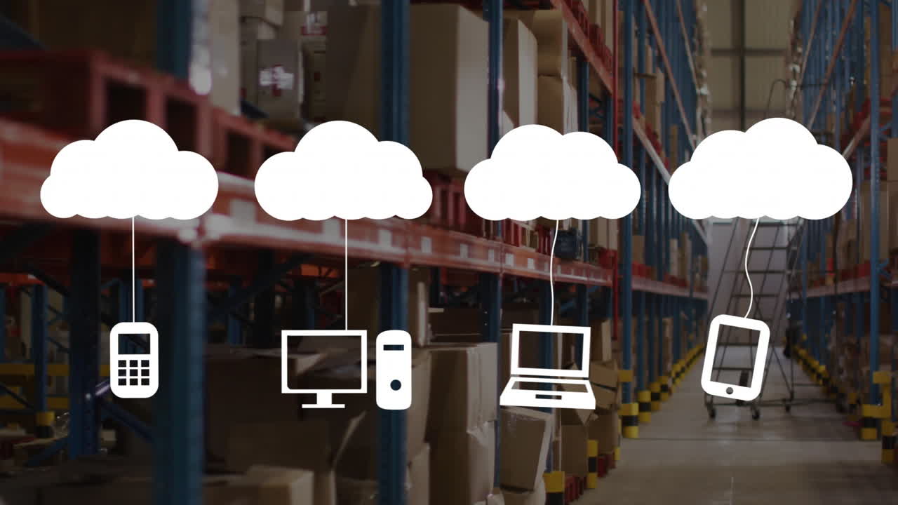 Warehouse shelves with boxes and equipment under cloud computing icons animation