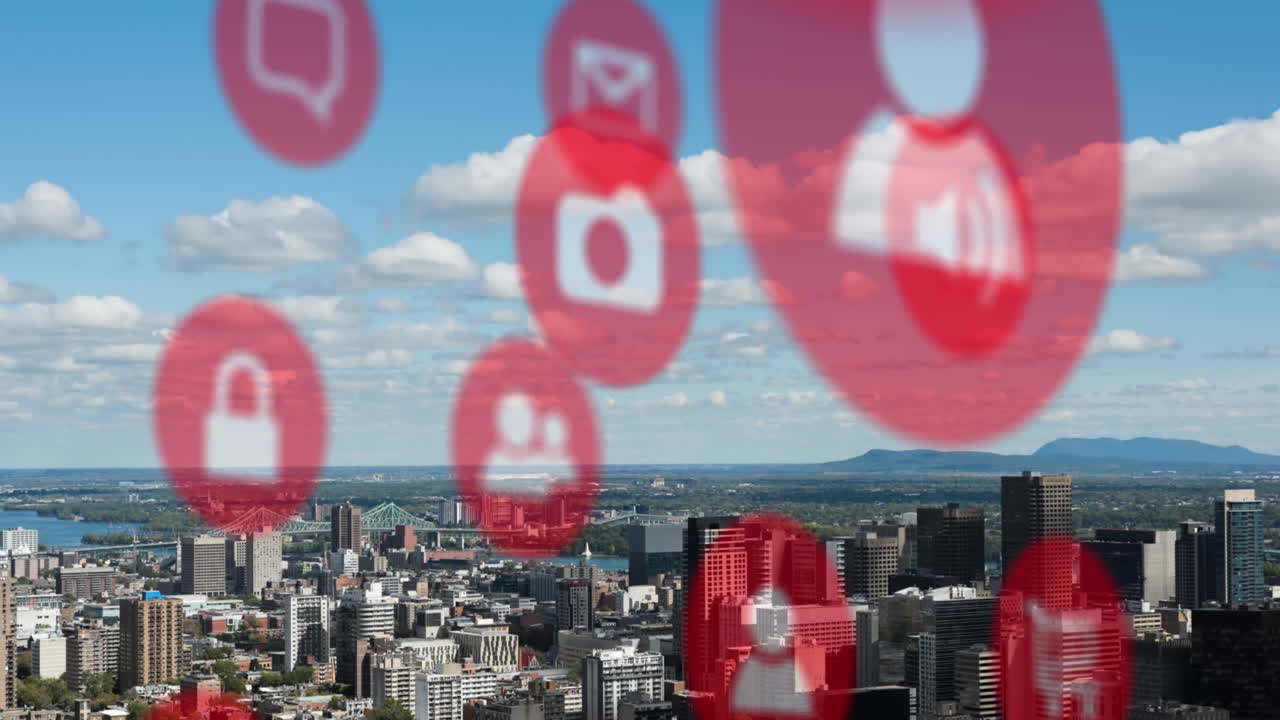 푸른 하늘을 배경으로 도시 풍경의 공중 시야에서 여러 디지털 아이콘의 애니메이션