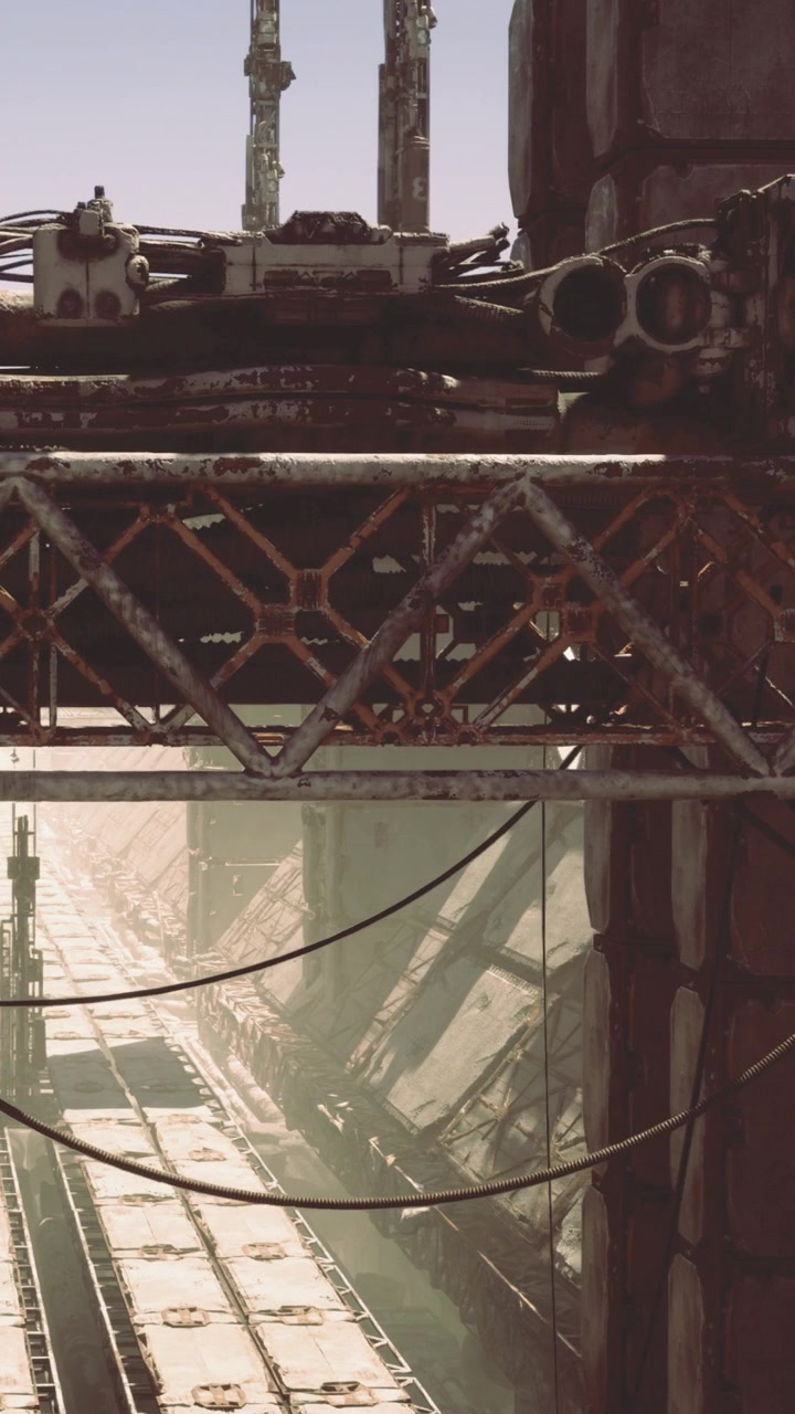 Rusty train tracks under a metal bridge with wires in an industrial area