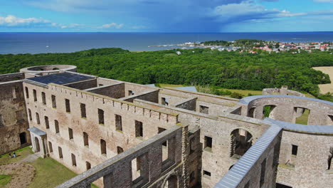 fly over beautiful historical ruins of borgholm castle in borgholm, öland, sweden