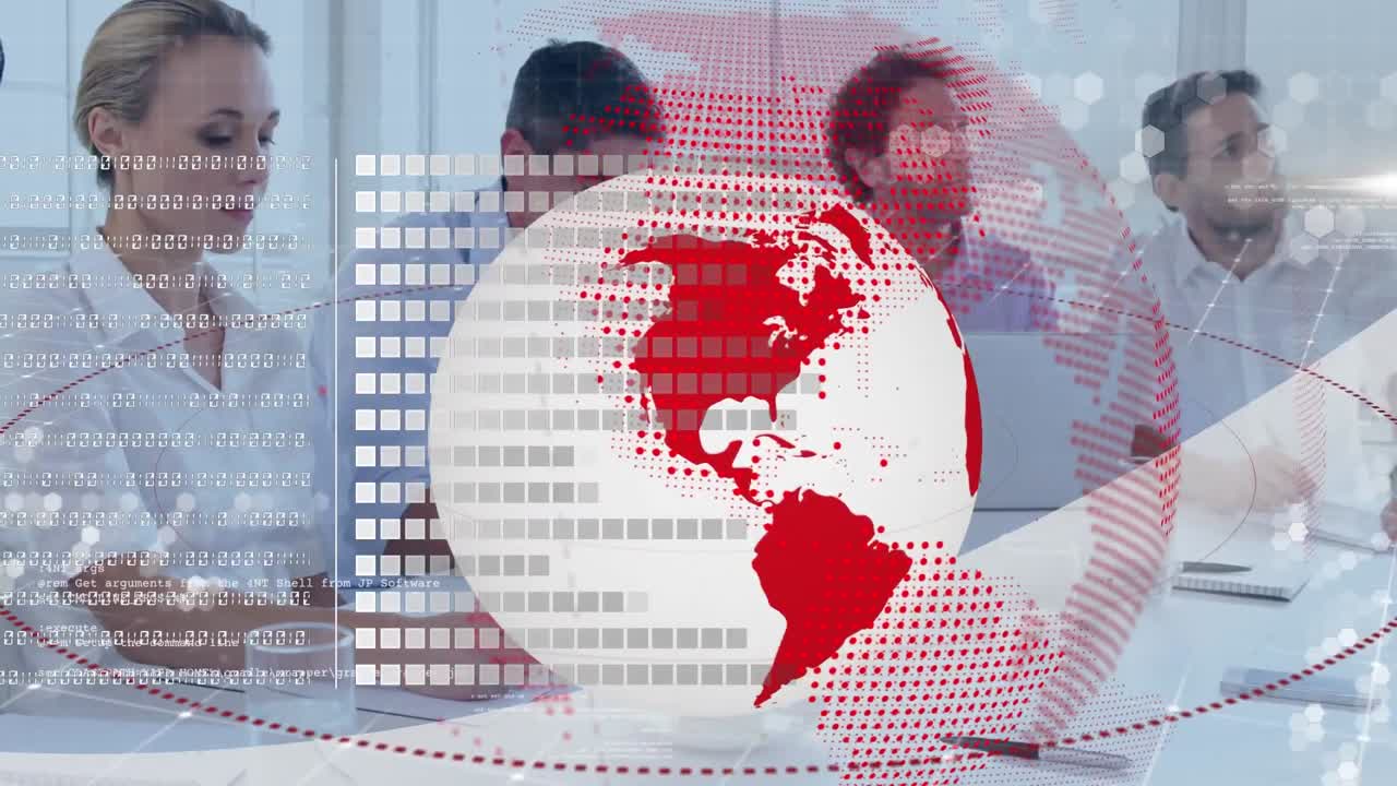 animación del globo con procesamiento de datos sobre una reunión de negocios en el fondo