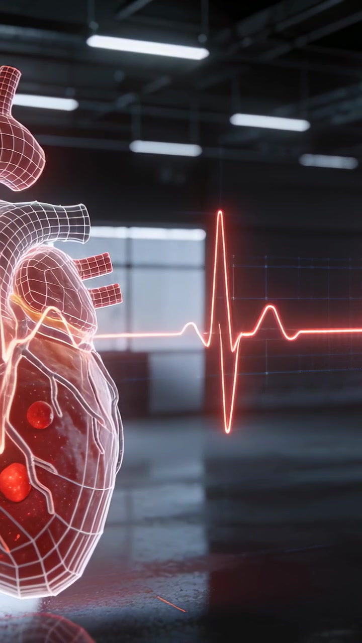 Video vertical: Onda de ECG pulsante impulsando un corazón 3D girando a la izquierda en un laboratorio para análisis, con espacio para texto.