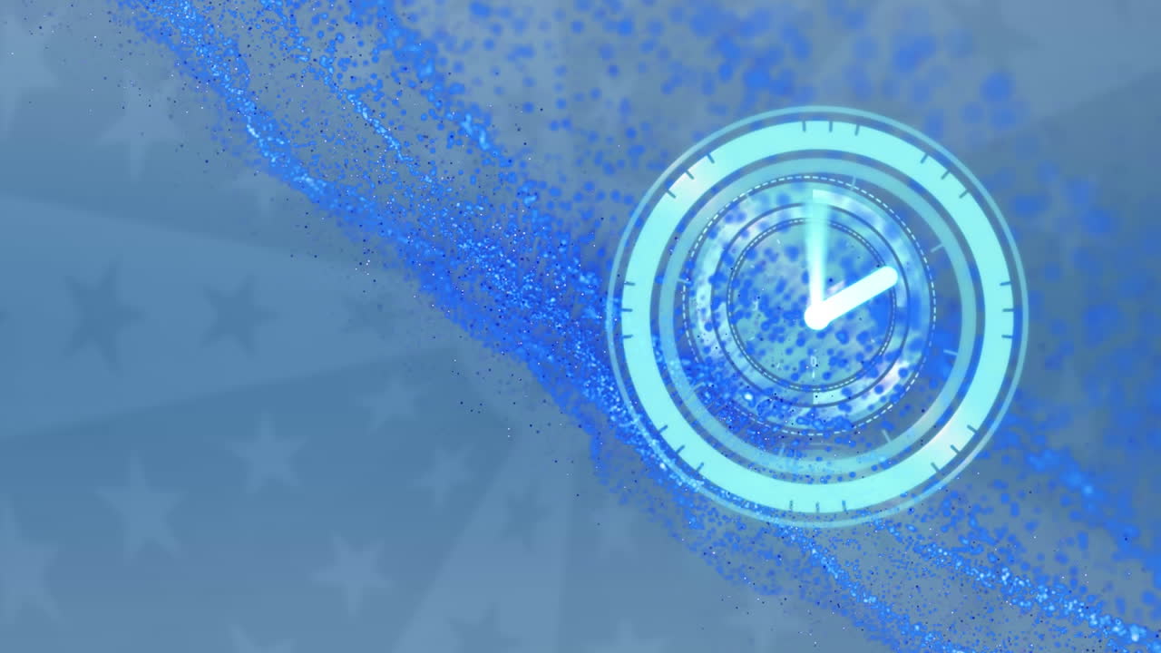 파란색 배경의 별 위에서 빠르게 움직이는 시계와 스 ⁇  스캐닝의 애니메이션