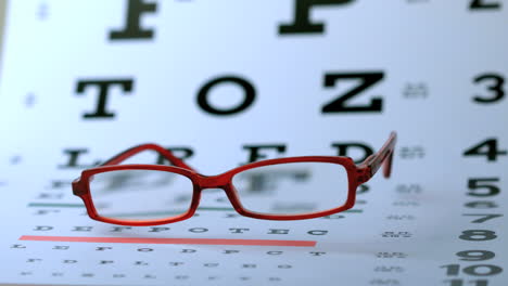 red glasses falling on eye test