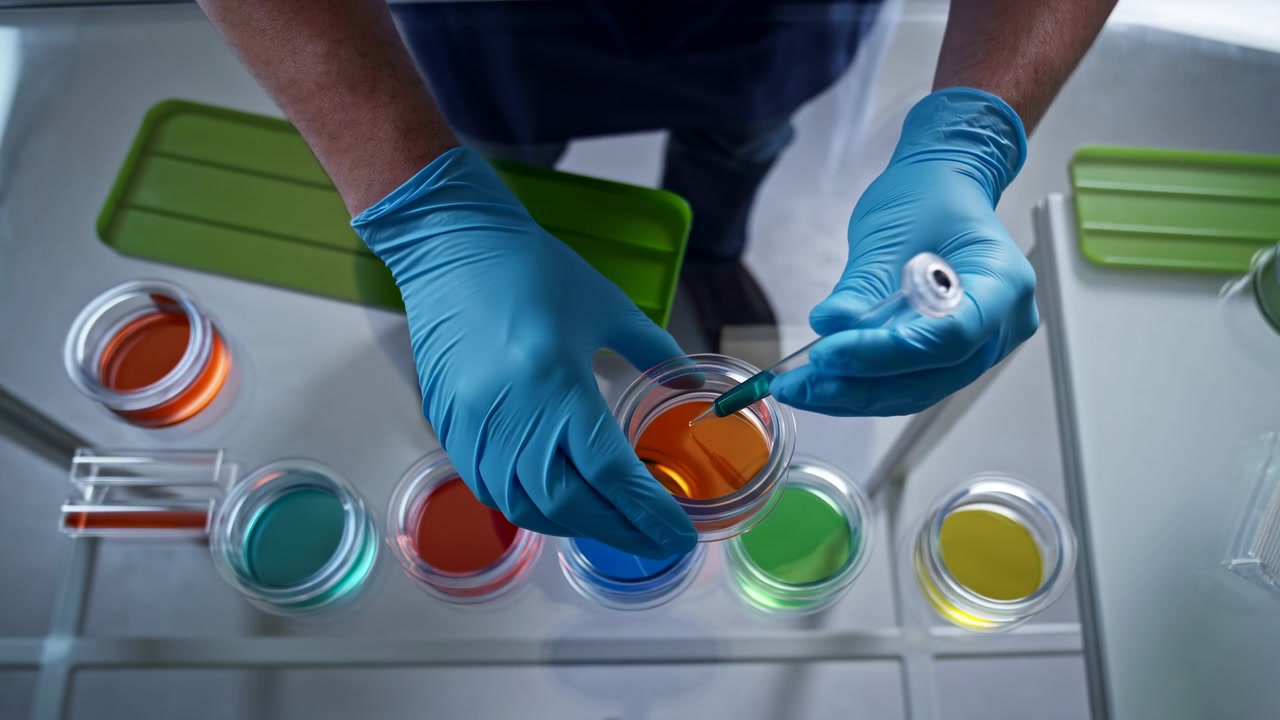 Mãos Enluvadas Pipetando em Placas Coloridas, Vista Superior de Bancada de Laboratório com Múltiplas Placas de Petri, Técnico