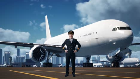 cuerpo lleno de piloto de hombre asiático con brazos akimbo mirando a la cámara y sonriendo mientras está de pie en el aeródromo con el avión en el fondo