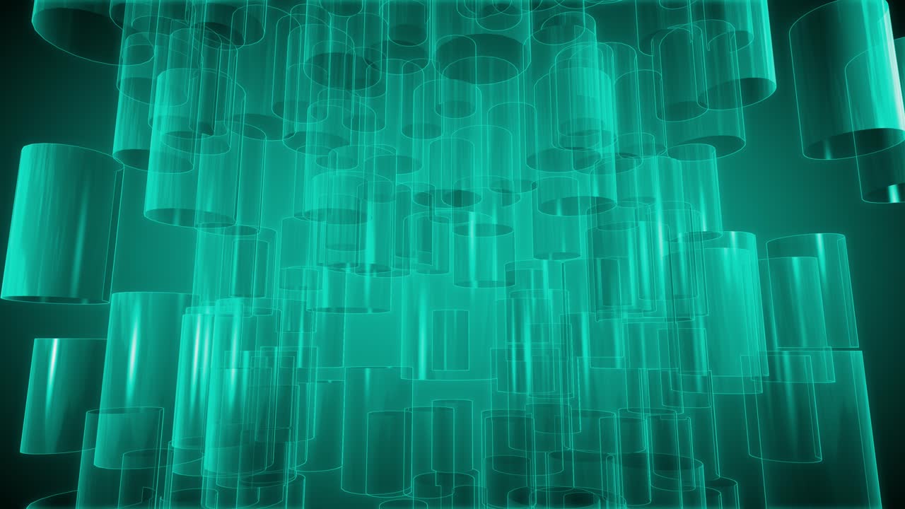 Teal color cylinder shapes falling and forming a random object cloud