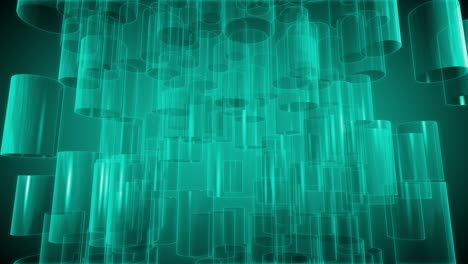 formas cilíndricas de color verde azulado que caen y forman una nube de objetos aleatorios