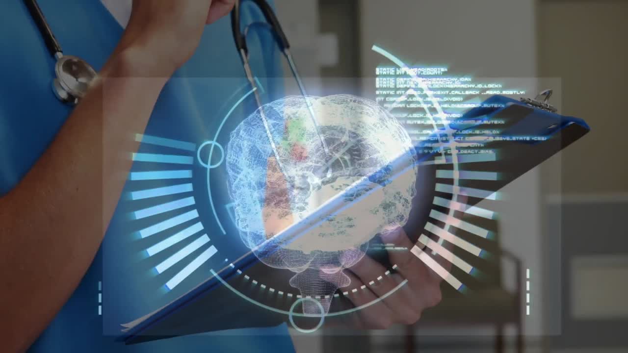 디지털 뇌 스피닝과 데이터 처리는 의료 의료 종사자의 중간 섹션에 대해 c에 작성합니다.