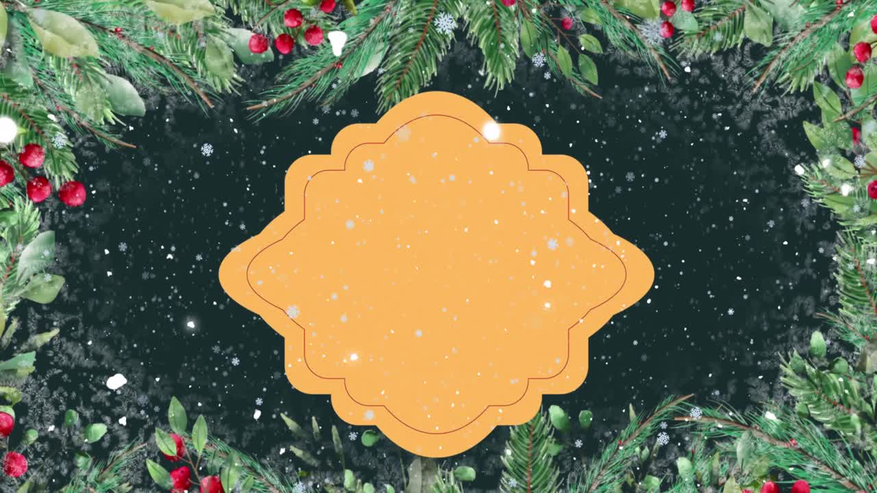 animación de un cartel de navidad con espacio de copia, decoraciones y nieve cayendo sobre un fondo verde