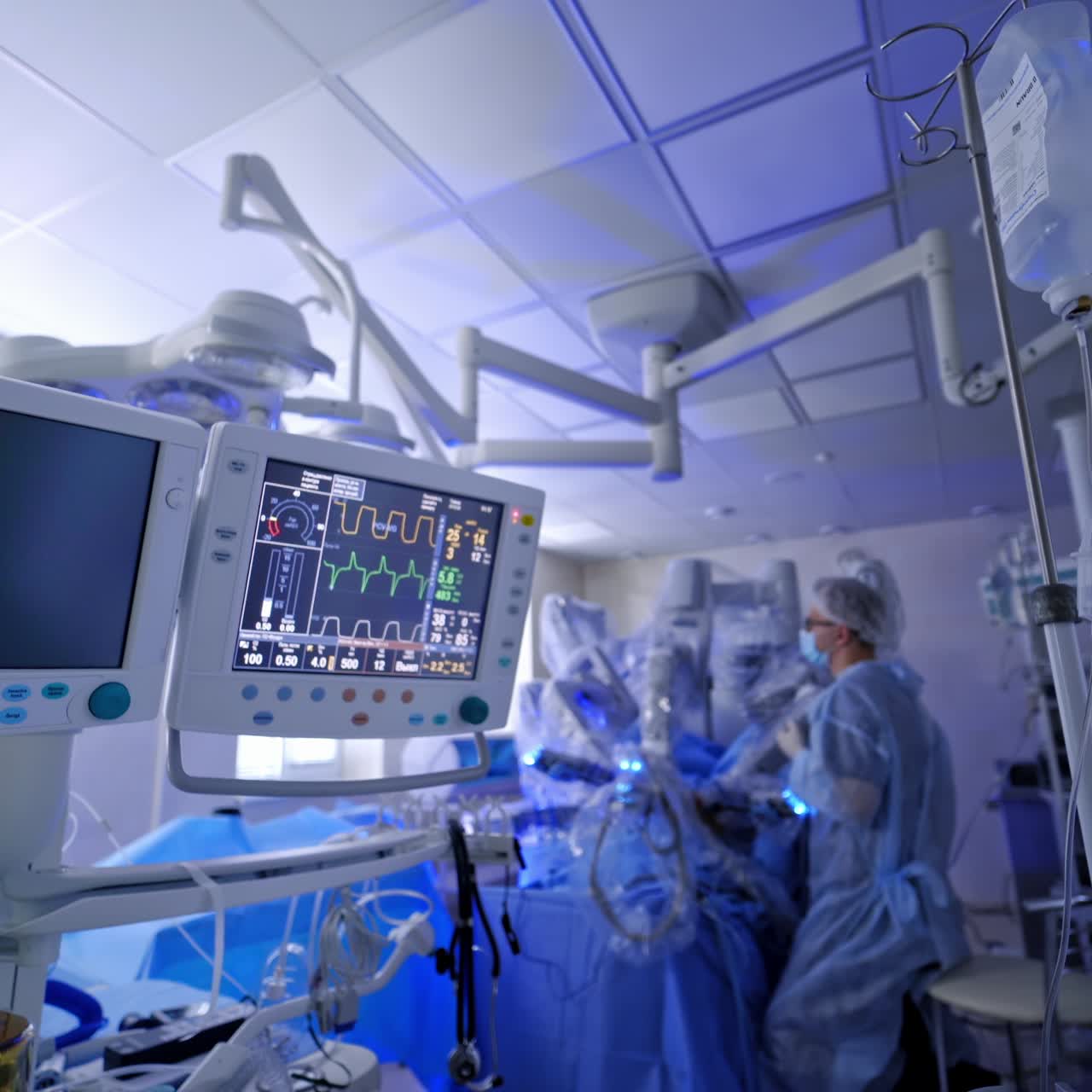 Robot medico. Chirurgia robotica. Operazione medica con robot. Chirurgia robotica minimamente invasiva con il sistema robotico