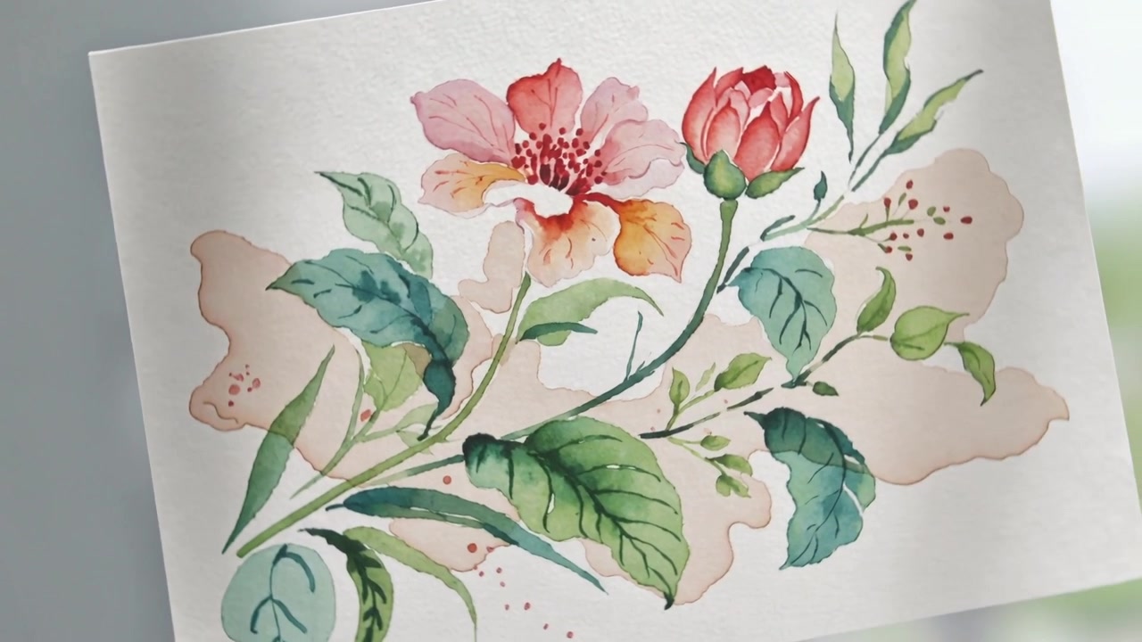 Riproduzione di un foglio acquerello rotante che rivela dettagli vicino alla finestra: fiore rosa, foglia verde, bocciolo rosso.