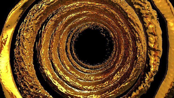 Liquido dorato scorre con schizzi attorno a una sfera con attrazione verso il suo centro, con canale alfa. Separato su sfondo nero puro.