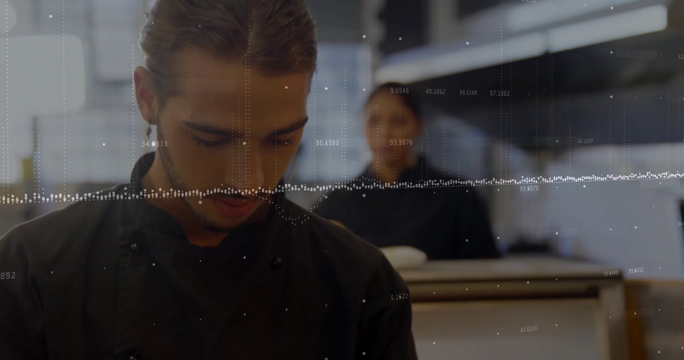 Chef grabbing clipboard and starting stock check in kitchen, generating animated ticks on clipboard