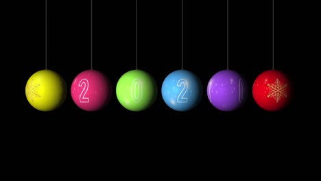 set looping realistic animation of the christmas and new year multicolored balls with a golden snowflake and text 2020. rotating decoration on white background. merry christmas and a happy new year! animation with alpha (transparent background)