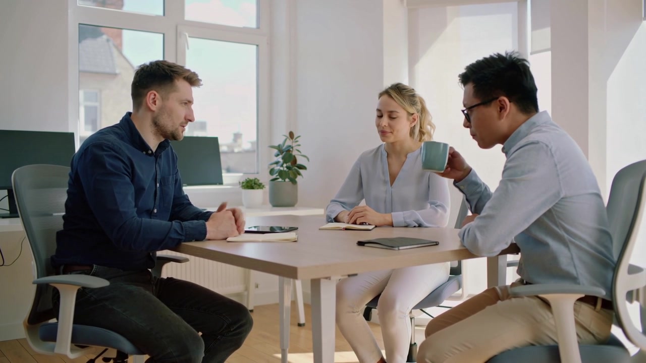 Leaning man dark-shirt starting work discussion in office, woman writing notebook, man sipping mug