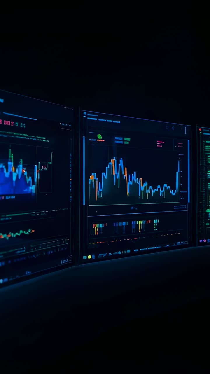 Vertical video: Opening triple monitors panning at desk, highlighting chart spike and showing code