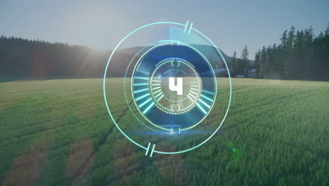 countdown animation over green field with trees and sunlight in background