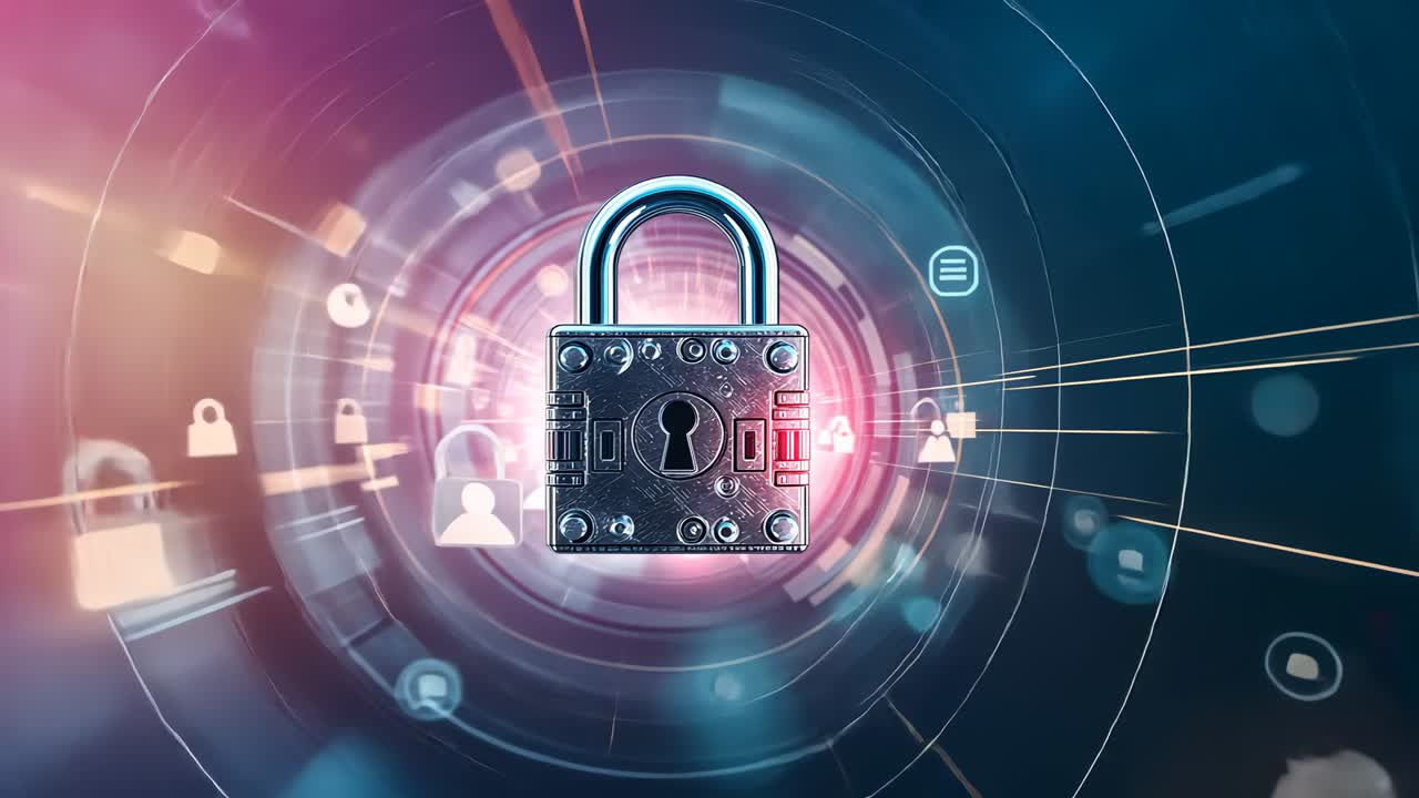 Initiating rings and lines emerging around padlock in network, radiating icons depicting security