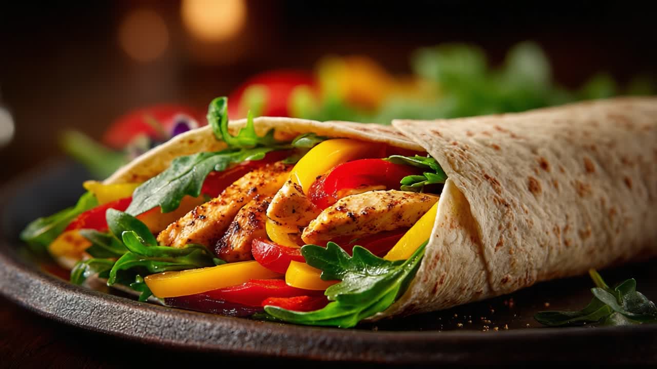 Deliciously Wrapped Chicken Fajita with Fresh Vegetables and Herbs, Showcasing a Colorful Medley of Ingredients in a Tortilla on a Rustic Plate