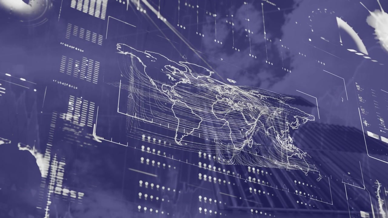 Animation of data processing and world map over cityscape