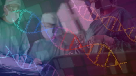 animación de cadenas de adn sobre diversos cirujanos en el hospital