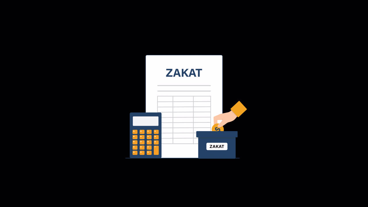 Animeret zakat-beregning og donation med lommeregner og kasse