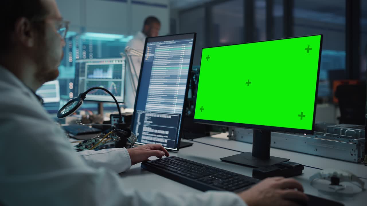 instalación electrónica moderna: científico, ingeniero trabaja en la pantalla de tecla de croma verde de la computadora. diseño, desarrollo de pcb industriales, microchips de silicio, semiconductores, equipos de telecomunicaciones