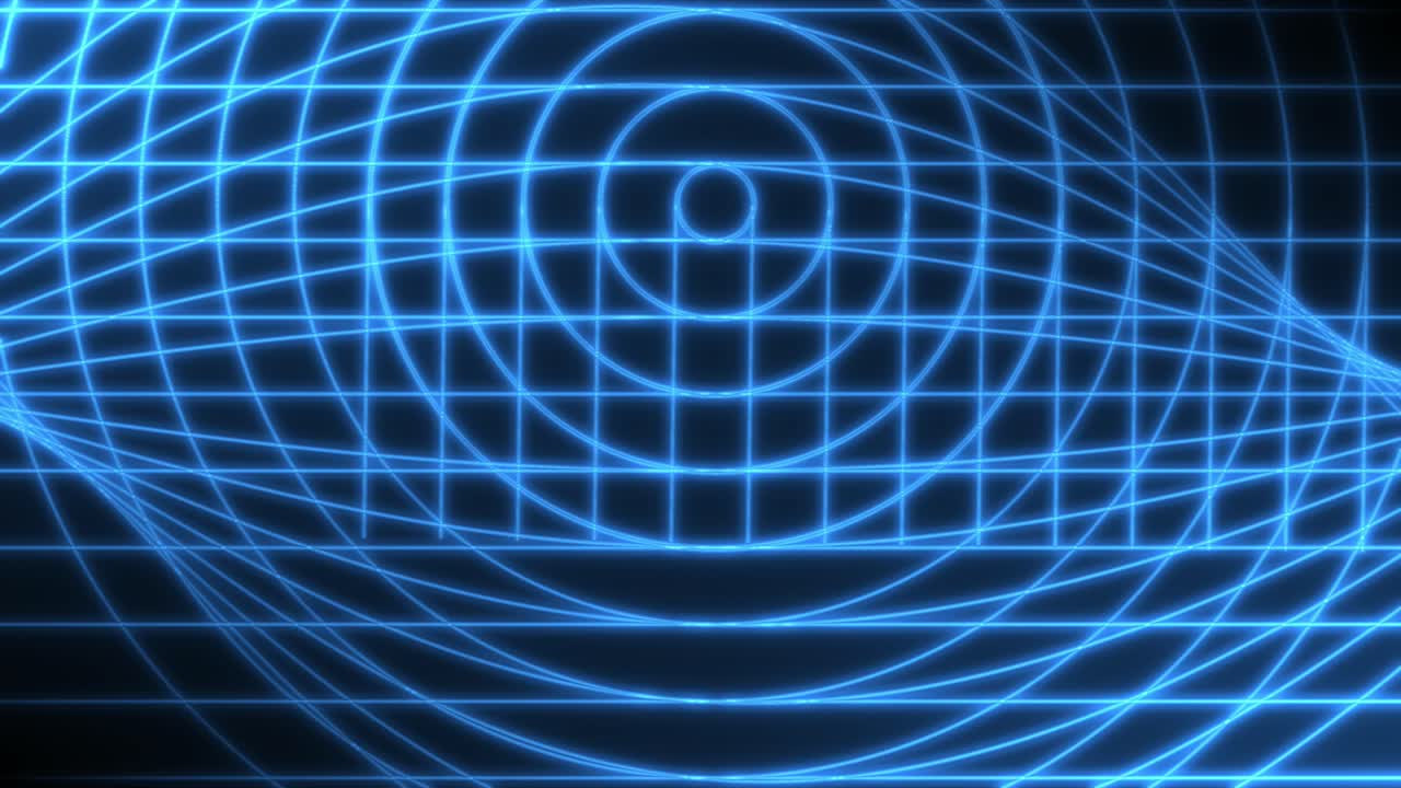 animación abstracta de círculos azules y ondas sinusoidales que forman un fondo brillante simétrico