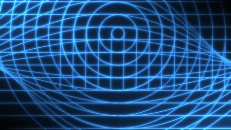 Abstract-animation-of-blue-circles-and-sine-waves-forming-a-symmetrical-glowing-background