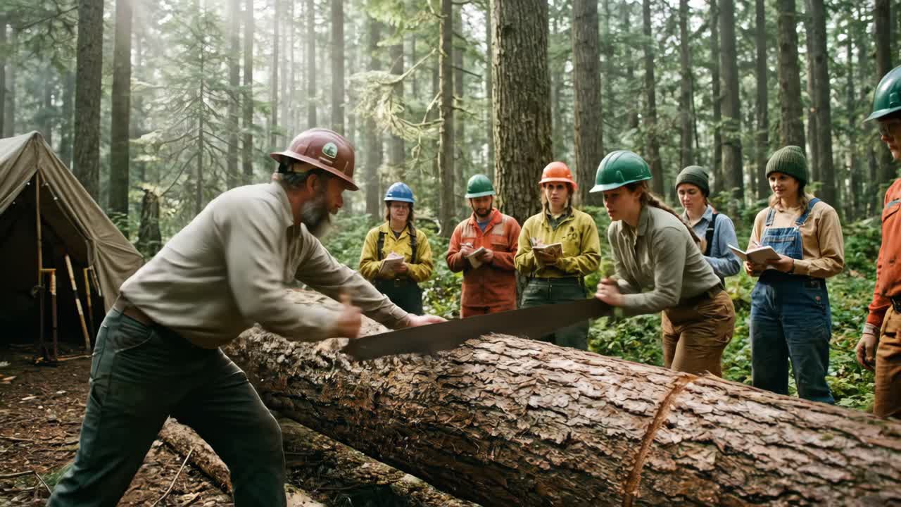 Foresters Sawing a Large Log in a Dense Forest with a Team