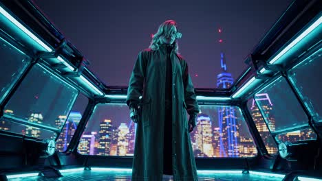 cyberpunk woman in futuristic cityscape