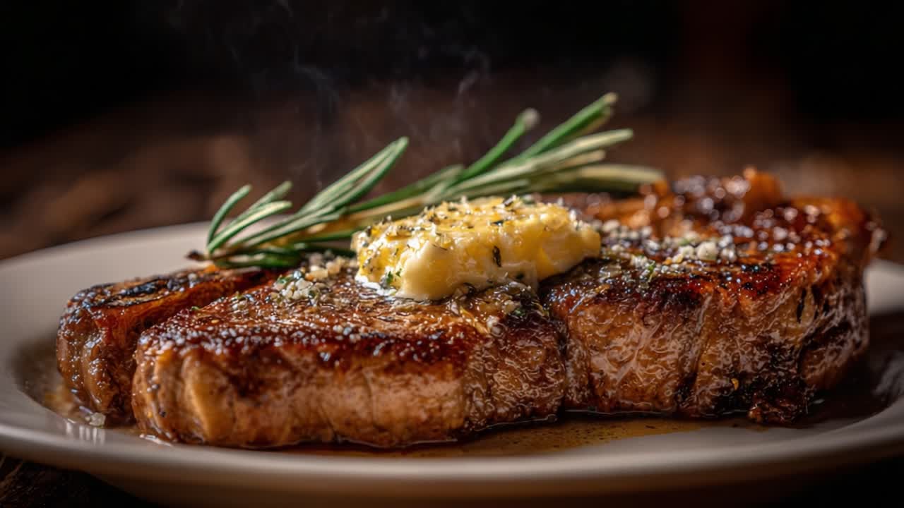 Indulge in the Juicy Delight: Perfectly Grilled Steak Topped with Melted Butter and Fresh Rosemary, Capturing the Essence of Culinary Excellence