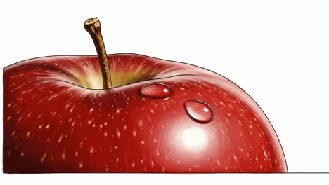 a close-up view of a juicy red apple with water droplets, showcasing its textured skin, glossy surface, and intriguing shape in a bright setting