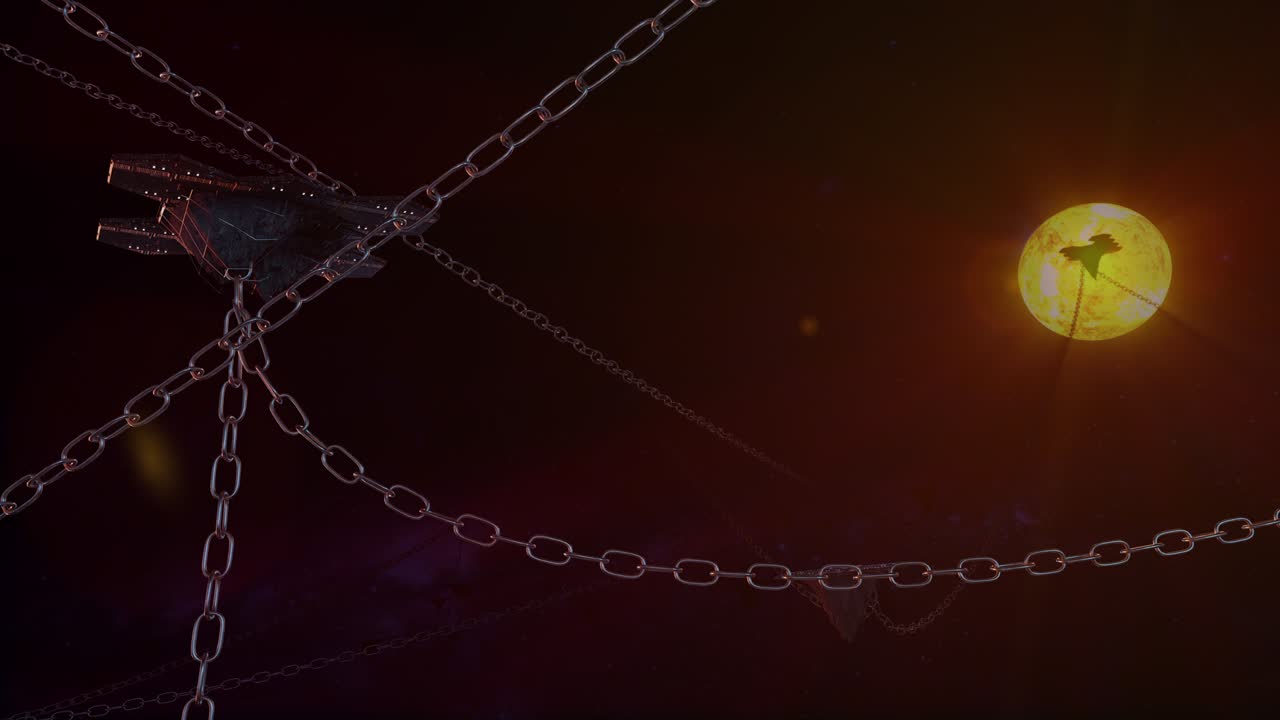 얼룩진 무거운 사슬과 버려진 공상과학 플랫폼을 가진 무서운 우주 구조물