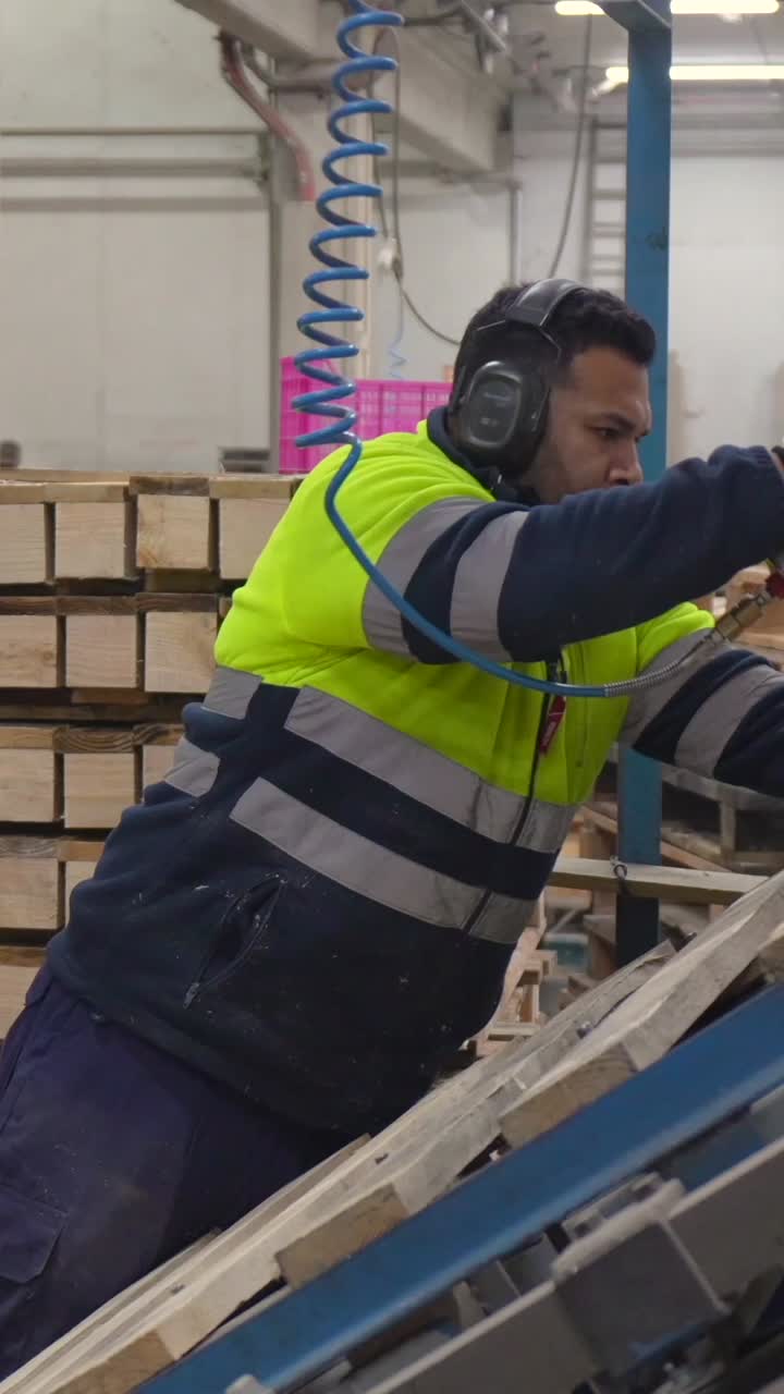 Worker Assembling Pallets in a Factory