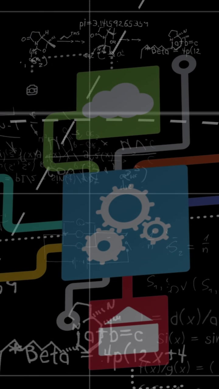 Animation of network of digital icons and mathematical equations against black background