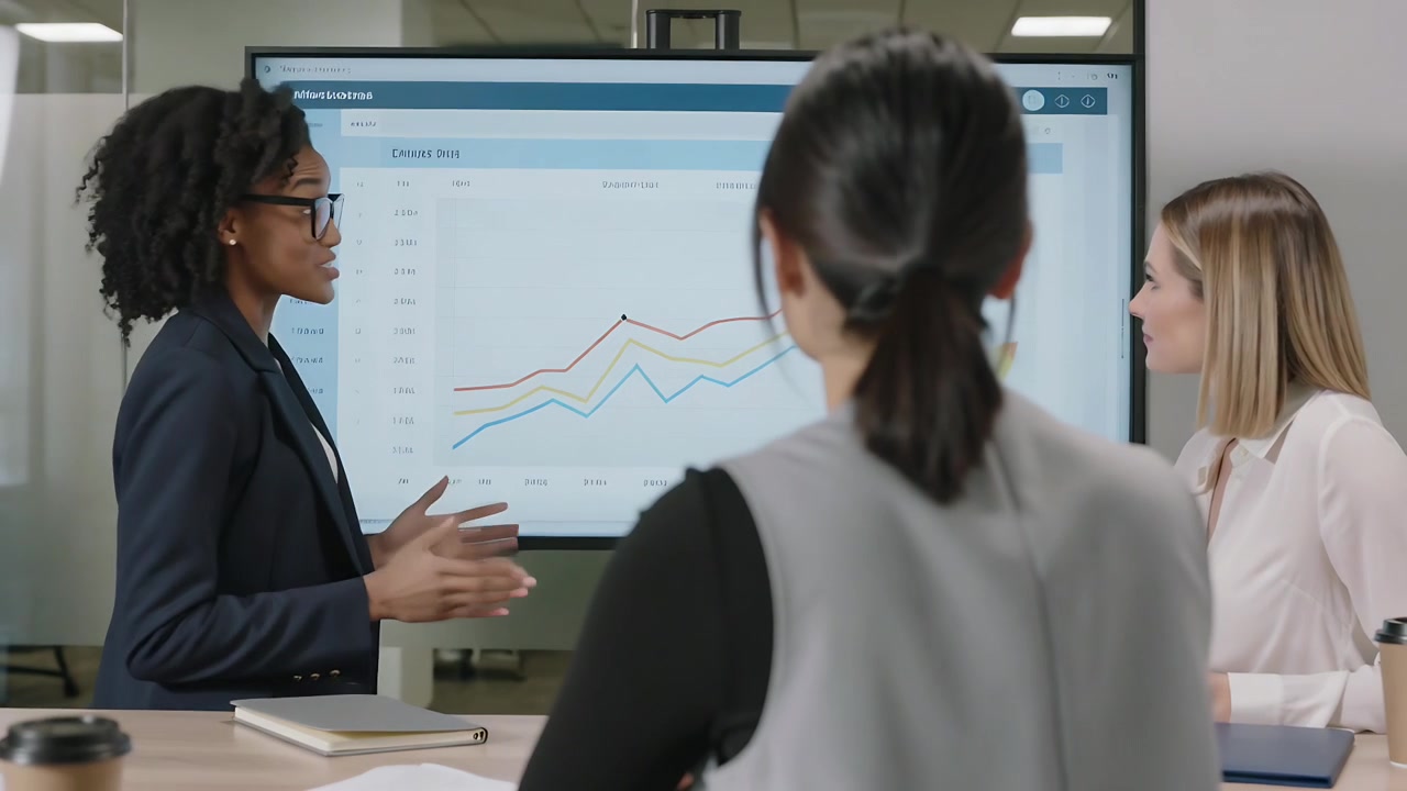Pointing presenter blazer explaining chart rise after slide change on display in room, copy space