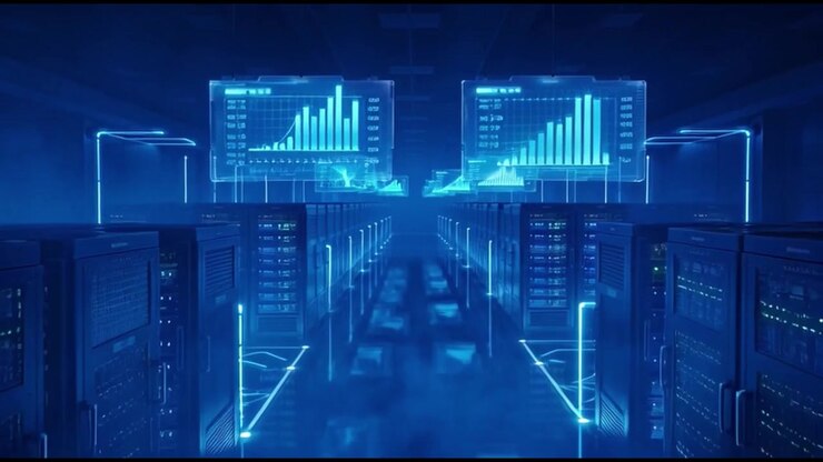 Futuristic Data Center Server Room with Digital Analytics Displays