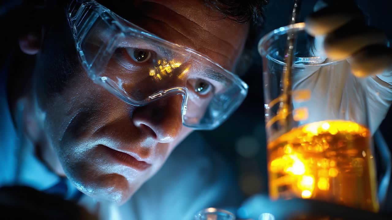 A focused scientist carefully analyzes a vibrant orange liquid in a laboratory setting, showcasing the intricate details of chemistry and experimentation under dramatic lighting