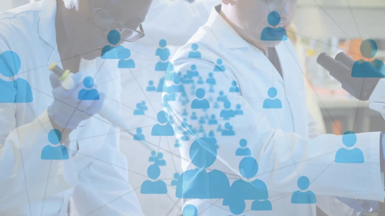 실험실에서 일하는 다양한 남녀 과학자 위에 떠다니는 프로필 아이콘의 네트워크