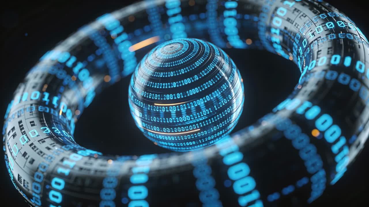 Torus och sfär roterar i ett digitalt tomrum, kameran skapar parallaxrörelse och avslöjar binära band.