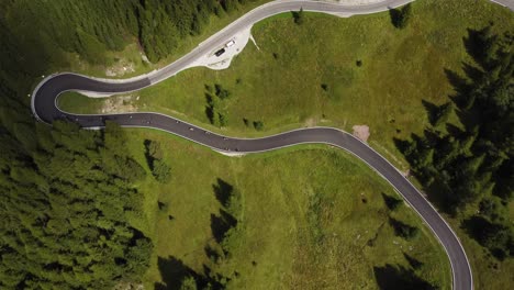 bird eye view and reveal drone shot of the great dolomites road in italy