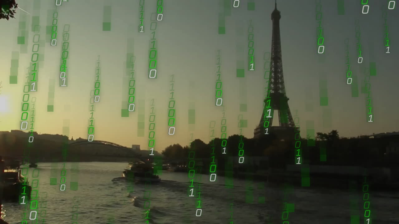 Binary code animation over Eiffel Tower and Seine River at sunset