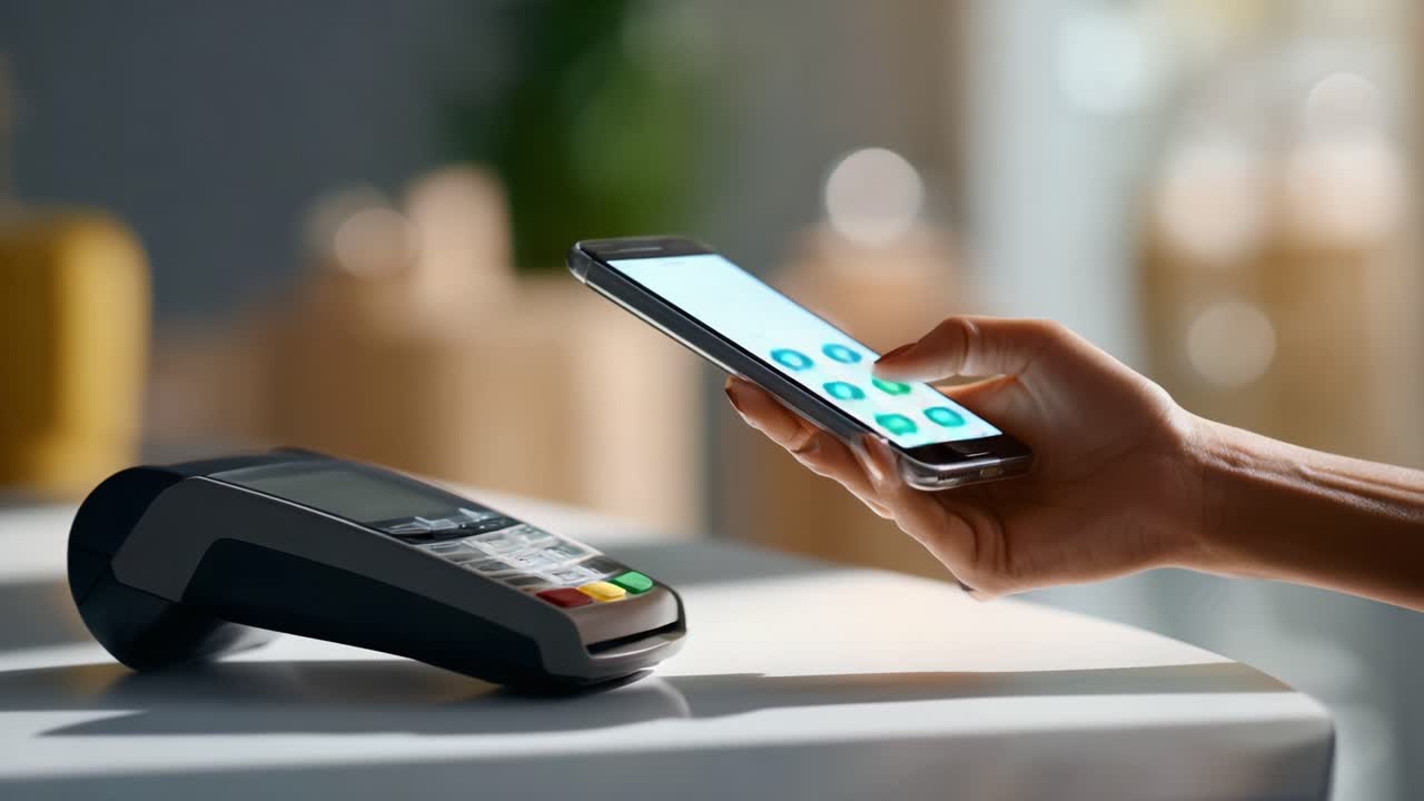 A modern digital transaction captured in two moments: the seamless interaction between a smartphone and a payment terminal showcasing the future of contactless payment technology
