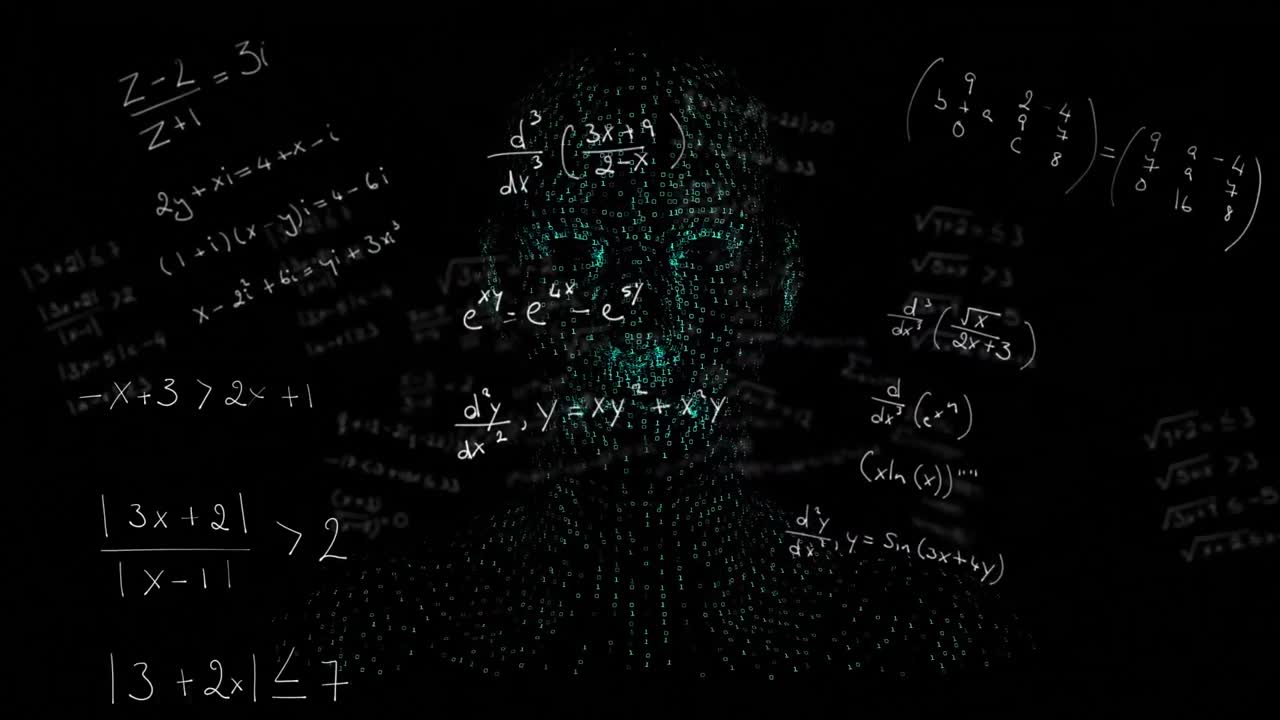 animación de la cabeza digital humana girando con ecuaciones matemáticas en fondo negro.