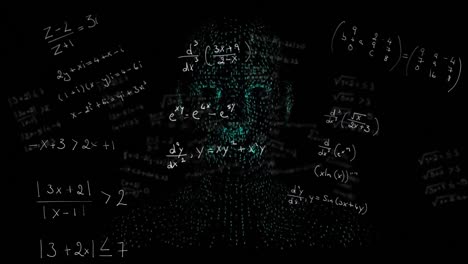 animation of human digital head spinning with mathematical equations on black background