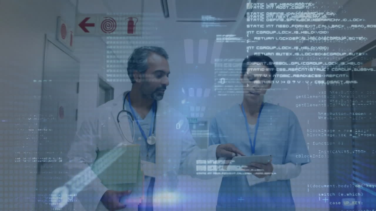 Animation of network and data processing over diverse female and male doctor talking in hospital
