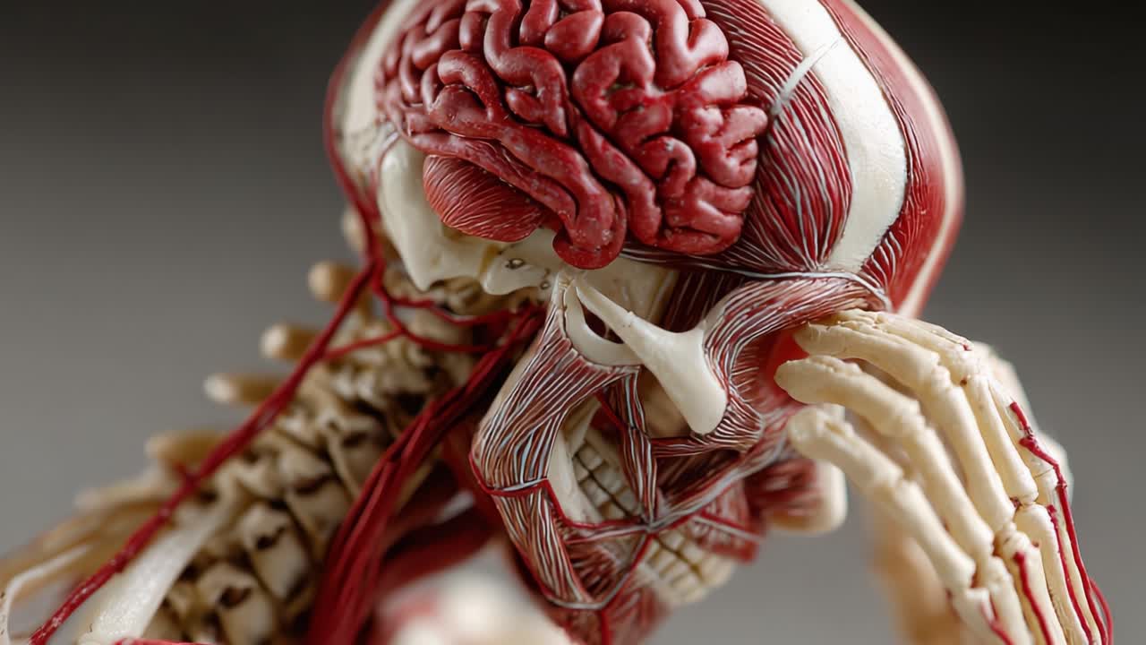 Modello anatomico dettagliato del cranio umano e della struttura cerebrale catturato in due fotogrammi distinti che rivelano intricati disegni muscoloscheletrici e orientamento.