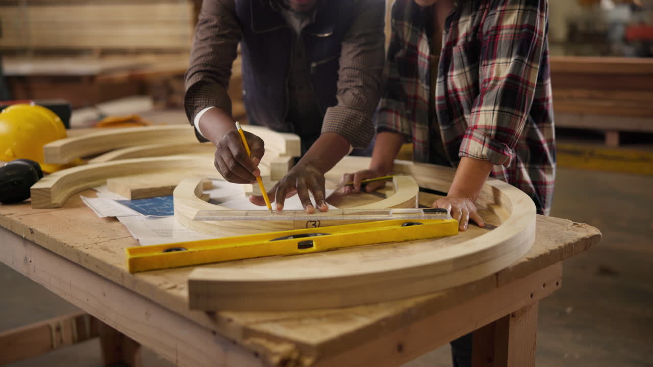Carpenters collaborating on a woodworking project
